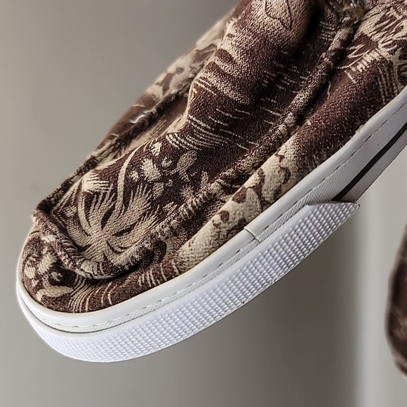 SANUK Sidewalk Surfers Shoes Men's Sz 9 Brown Frayed Palms Canvas Slip-On Beachy - Picture 9 of 10